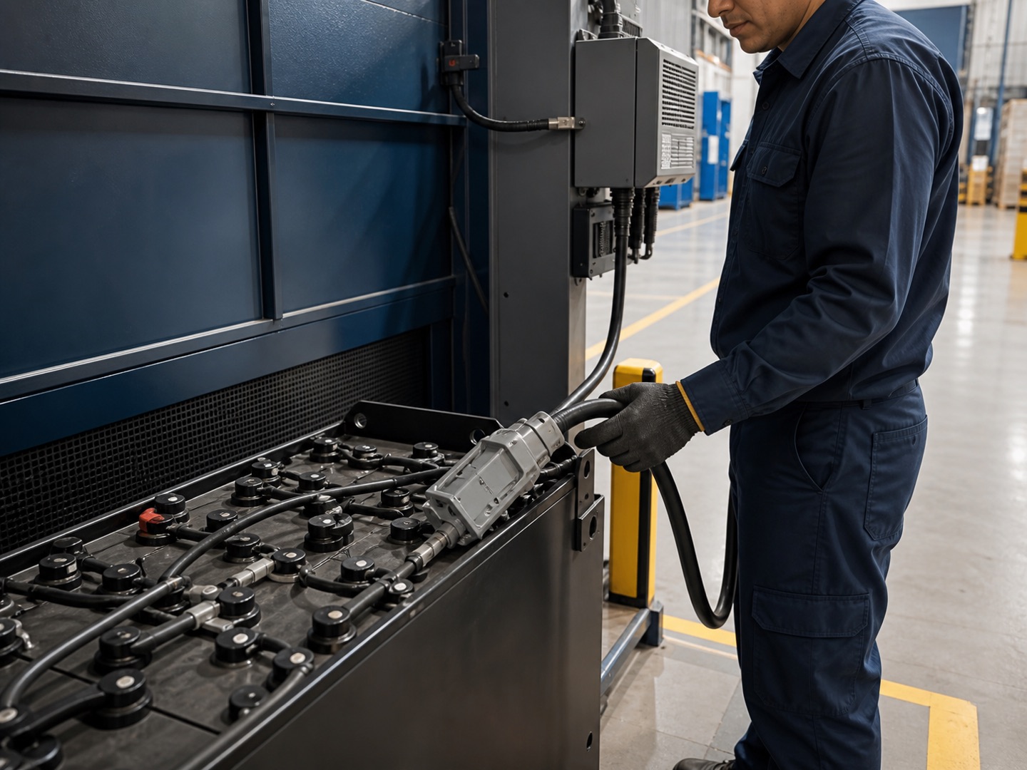 Batería y conector de un equipo industrial; imagen ilustrativa