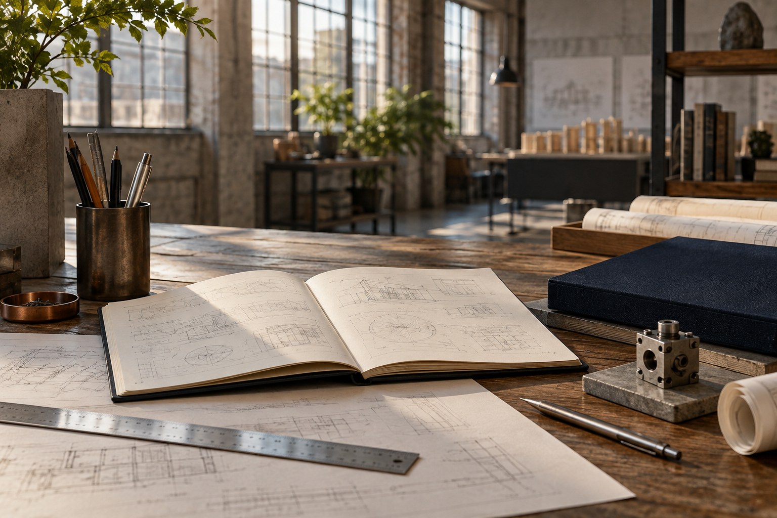 Cuadernos, planos y material técnico sobre una mesa; ilustración editorial generada con IA