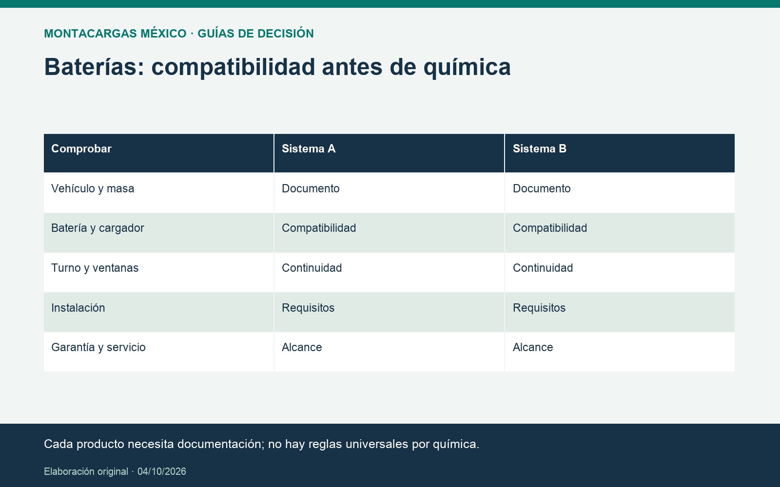 Baterías: compatibilidad antes de química. Cada producto necesita documentación; no hay reglas universales por química.