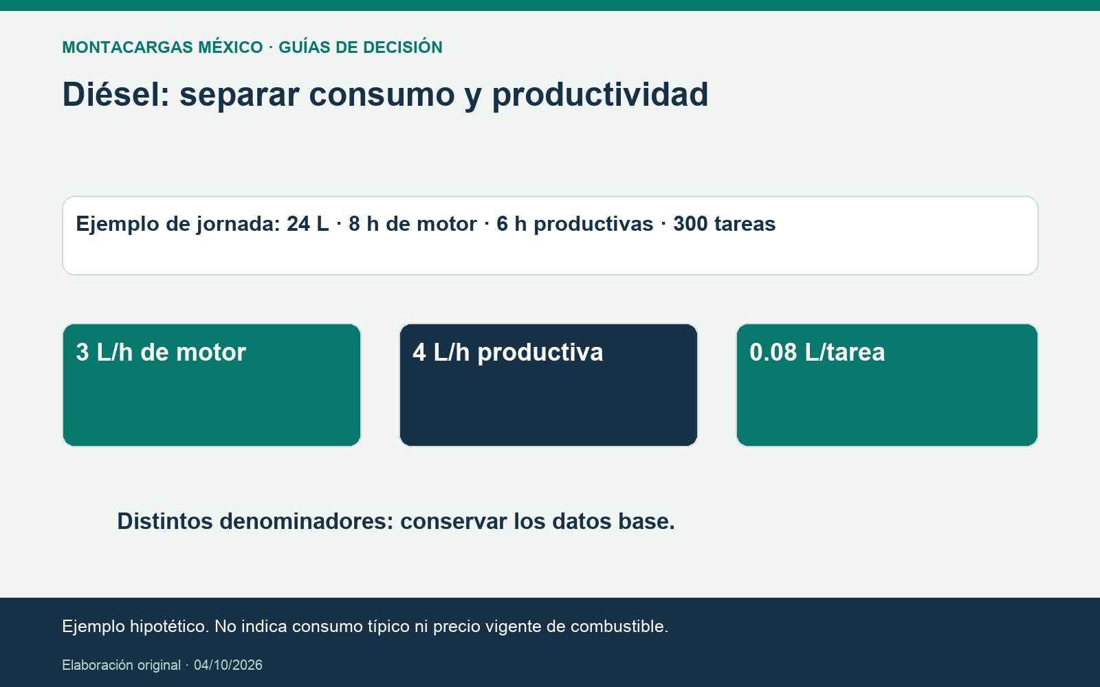 Diésel: separar consumo y productividad. Ejemplo hipotético. No indica consumo típico ni precio vigente de combustible.