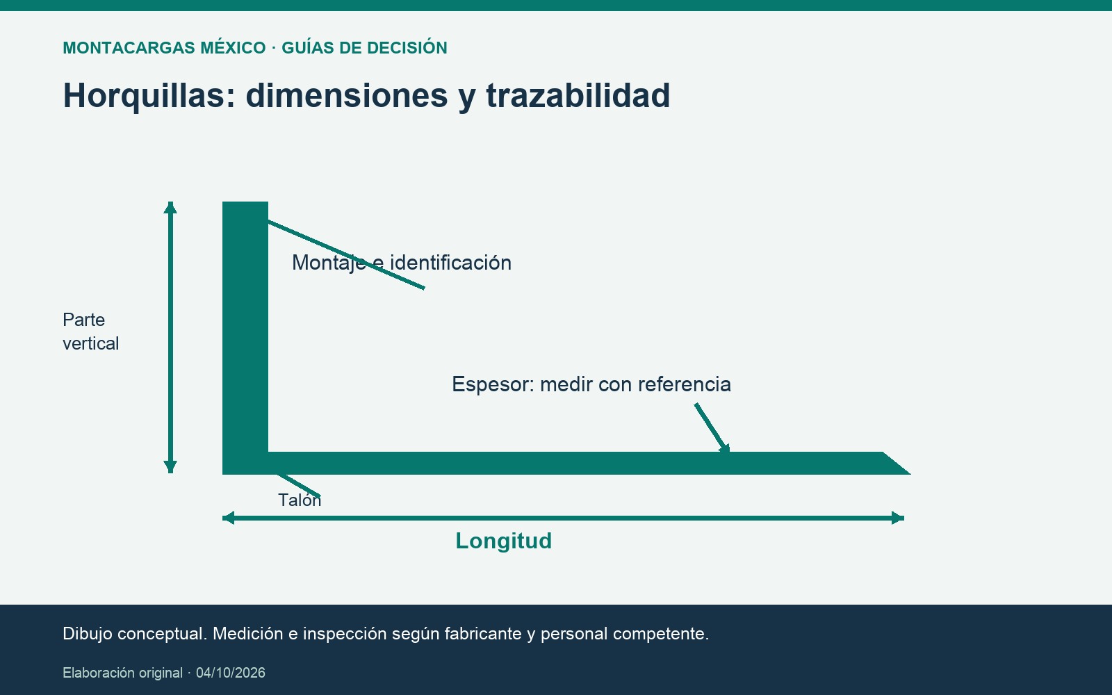Horquillas: dimensiones y trazabilidad. Dibujo conceptual. Medición e inspección según fabricante y personal competente.